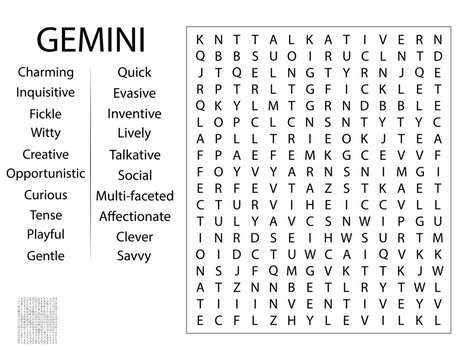 Fun Birthday Word Search Puzzle Template - Zodiac Sign Gemini Traits and Characteristics Party Game