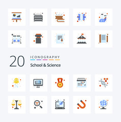 20 School And Science Flat Color icon Pack like research schedule award date appointment