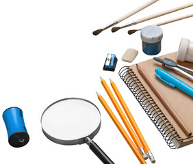 School supplies, notebook, pencils and other tools.