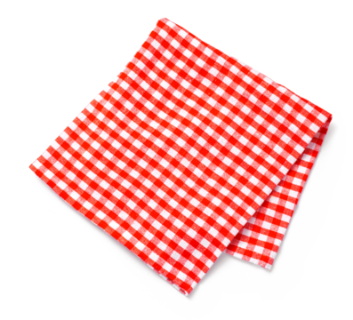 Table cloth kitchen isolated. Red napkin on white background. Top view.