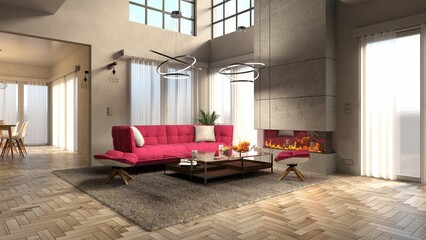 Modern interior of living room 3d rendering - obrazy, fototapety, plakaty