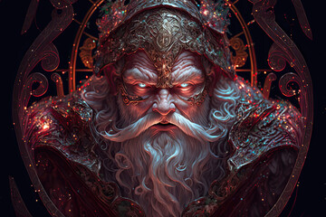 Evil Sorcerer Santa on black background, ornamental
