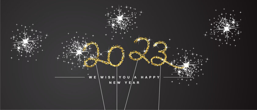 We wish you Happy New Year 2023 handwritten tipography golden glitter stars new year's eve sparkler firework black background greeting card
