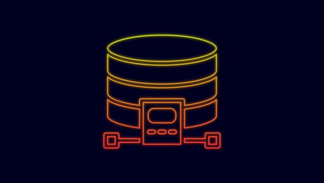 Glowing neon line Cloud database icon isolated on blue background. Cloud computing concept. Digital service or app with data transferring. 4K Video motion graphic animation