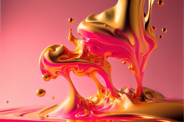 Poured splashing acrylic paint flowing liquid, in pink and gold, fluid texture, beautiful artistic background, generative ai