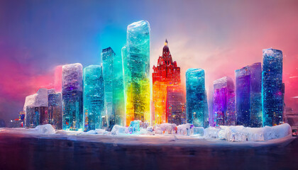 ai midjourney generated illustration of an ice crystal city with skyscrapers