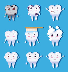 Cute tooth characters set in cartoon style. Teeth with different emotions set for label design. Vector illustration EPS10