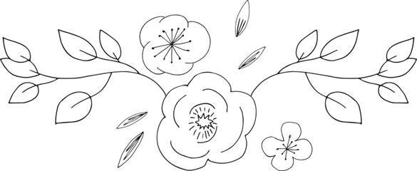 collection leaves and flowers in line style. Decorative beauty illustration for design hand drawn flower