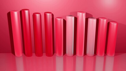 3d render. Abstract columns as background for analytical theme. 3d geometric background as abstract infographics. Visualization of statistical data in red color