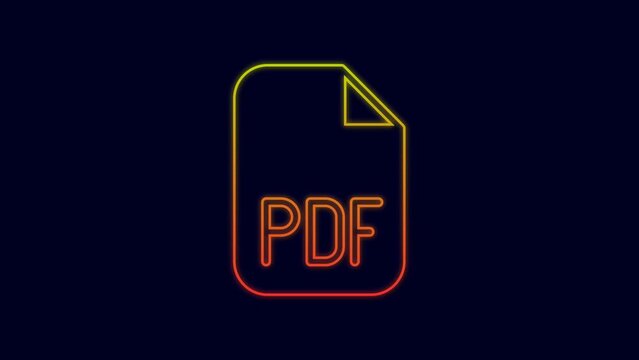 Glowing neon line PDF file document. Download pdf button icon isolated on blue background. PDF file symbol. 4K Video motion graphic animation