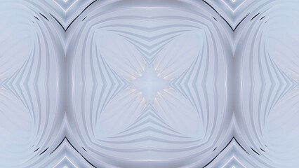 3d render. Abstract pattern. Pearl material. Kaleidoscope effect with symmetrical structure with round thing like rings or circles twisting in concentric structure. 3D stylish abstract white bg.