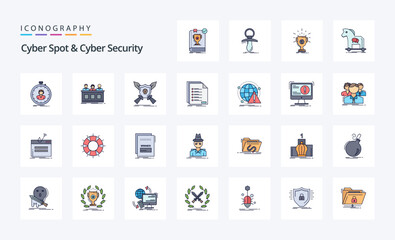 25 Cyber Spot And Cyber Security Line Filled Style icon pack
