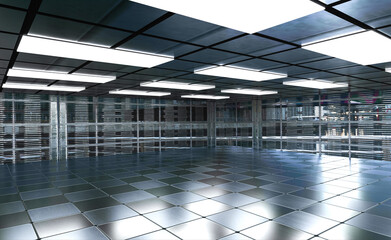 Industrial warehouse garage interior. Interior design and industrial funds. 3d render