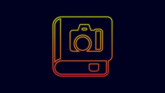 Glowing neon line Photo album gallery icon isolated on blue background. 4K Video motion graphic animation