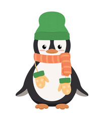 Pingwin w zielonej czapce, pomarańczowym szaliku, z rękawiczkami. Urocza zimowa ilustracja. Wektorowa ilustracja w płaskim stylu.