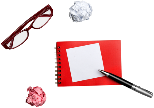 Red notepad with teachers glasses and pen