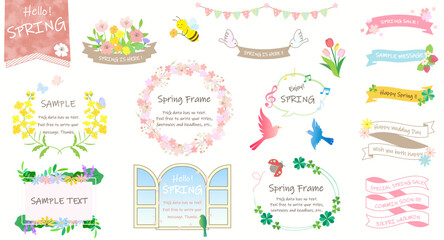 Fototapeta premium 春の素材セット（フレーム リボン はる 桜 さくら サクラ 窓 鳥 吹き出し チューリップ）