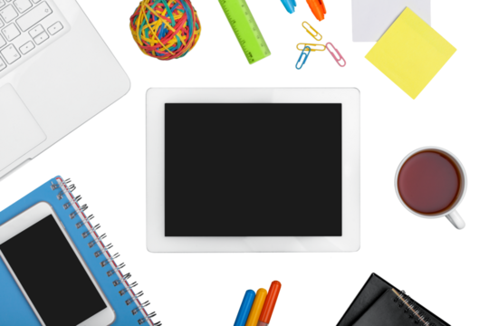 Office desk with digital tablet and office supplies