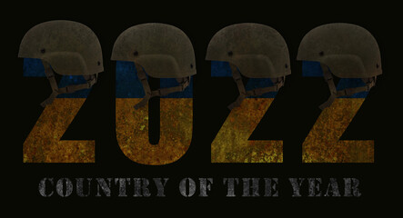 2022 with the colors of the flag of Ukraine, a military helmet and the inscription country of the year