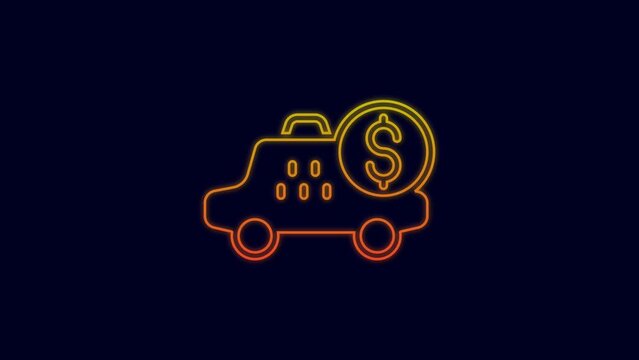 Glowing neon line Taximeter device icon isolated on blue background. Measurement appliance for passenger fare in taxi car. 4K Video motion graphic animation