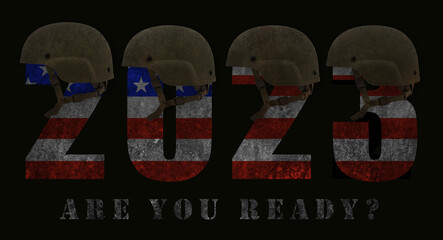 2023 with the colors of the US flag, a military helmet and the words "Are you ready?"