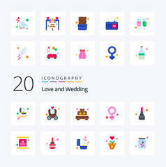 20 Wedding Flat Color icon Pack like woman female carriage romance love