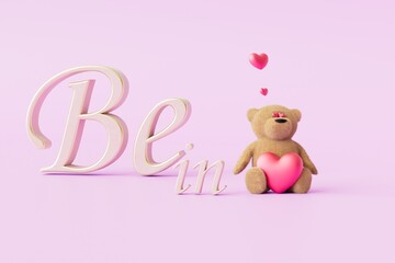 be in love concept. teddy bear with a heart on a pastel background. 3D render