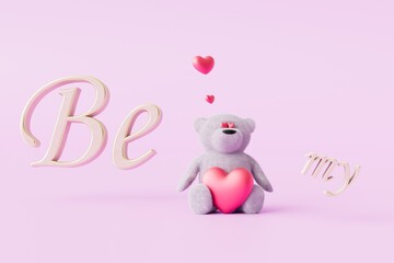 be my love. teddy bear with a heart and the inscription be mine on a pastel background. 3D render