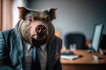 portrait of a pig in a suit sitting at a desk, ai generated - obrazy, fototapety, plakaty