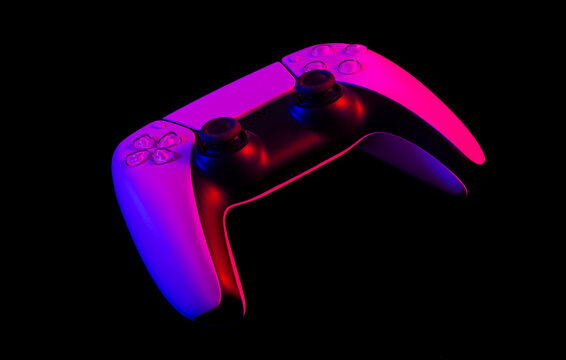 Modern white gamepad illuminated red and blue on a dark background, game controller for video games.