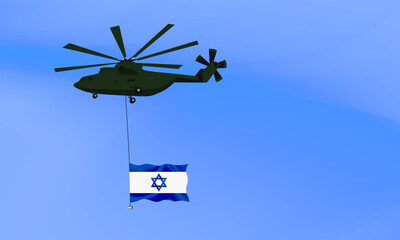 Helicopter flies with the flag of Israel, the flag of Israel in the sky. National holiday. vector illustration eps10