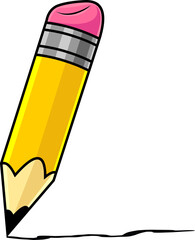 Cartoon Yellow Wooden Pencil With A Red Rubber And Line. Hand Drawn Illustration Isolated On Transparent Background