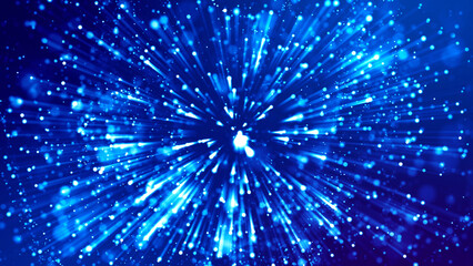 Fototapeta na wymiar Blue light rays like laser show for bright festive presentation. 3d rendering of abstract blue background with glowing particles like micro world science fiction with depth of field and bokeh.