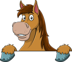 Brown Draft Horse Cartoon Mascot Character Over A Sign. Hand Drawn Illustration Isolated On Transparent Background © HitToon.com