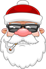 Bad Santa Claus Face Portrait Cartoon Character With Sunglasses Smoking Cigarette. Hand Drawn Illustration Isolated On Transparent Background