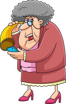 Old Grandma Cartoon Character Talking On Cell Phone With Hearing Trumpet. Hand Drawn Illustration Isolated On Transparent Background