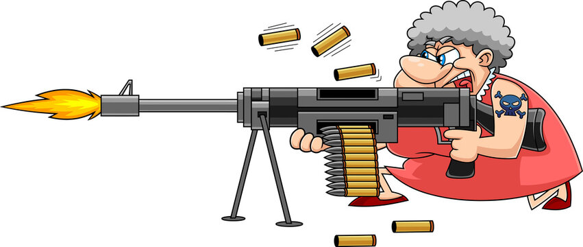 Angry Grandma Cartoon Character Shoots With A Big Machine Gun. Hand Drawn Illustration Isolated On Transparent Background