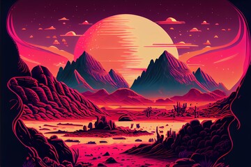 Vaporwave Synthwave cyberpunk background with large planet, moons and mountains, generative ai