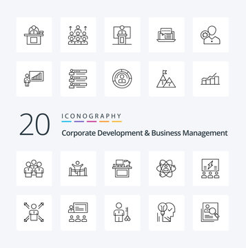 20 Corporate Development And Business Management Line Icon Pack Like Monitor Desk Business Computer Man