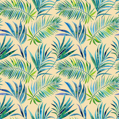 Fototapeta na wymiar Watercolour blue green tropical palm leaves illustration seamless pattern. On beige background. Hand-painted. Floral elements, jungle leaves.