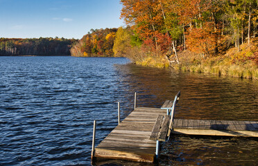 wooden pier in lake with fall foliage