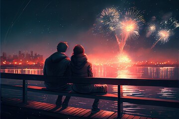A couple cuddling and watching fireworks on a new year's eve, night time fireworks over a city, bench overlooking a lake, generative ai