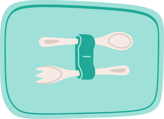 Plastic kitchenware flat icon Spoon and fork in plastic box