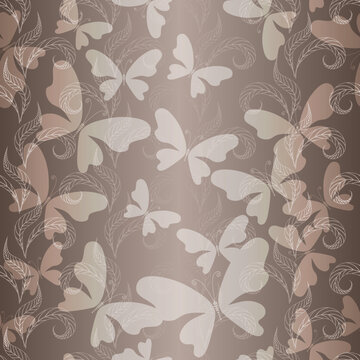 Seamless vector soft coffee pattern with white translucent butterflies and floral ornament