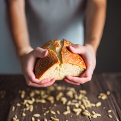 photo of a person holding a loaf of bread in their hands - AI Generated