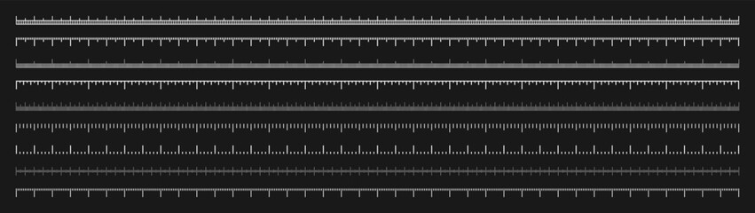 Various measurement scales with divisions. Realistic white scale for measuring length or height in centimeters, millimeters or inches. Ruler, tape measure marks, size indicators. Vector illustration