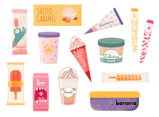 Vector collection of ice cream icons of different types: ice cream on a stick, ice cream in a cone, frozen popsicles, portion cold dessert. Cartoon style.