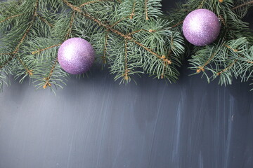 Christmas Christmas tree branch background on a black background with space for text and copyspace