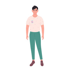 Asian man with LGBTQ pin. Transgender person. Hand drawn vector illustration