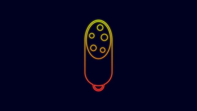 Glowing neon line Salami sausage icon isolated on blue background. Meat delicatessen product. 4K Video motion graphic animation